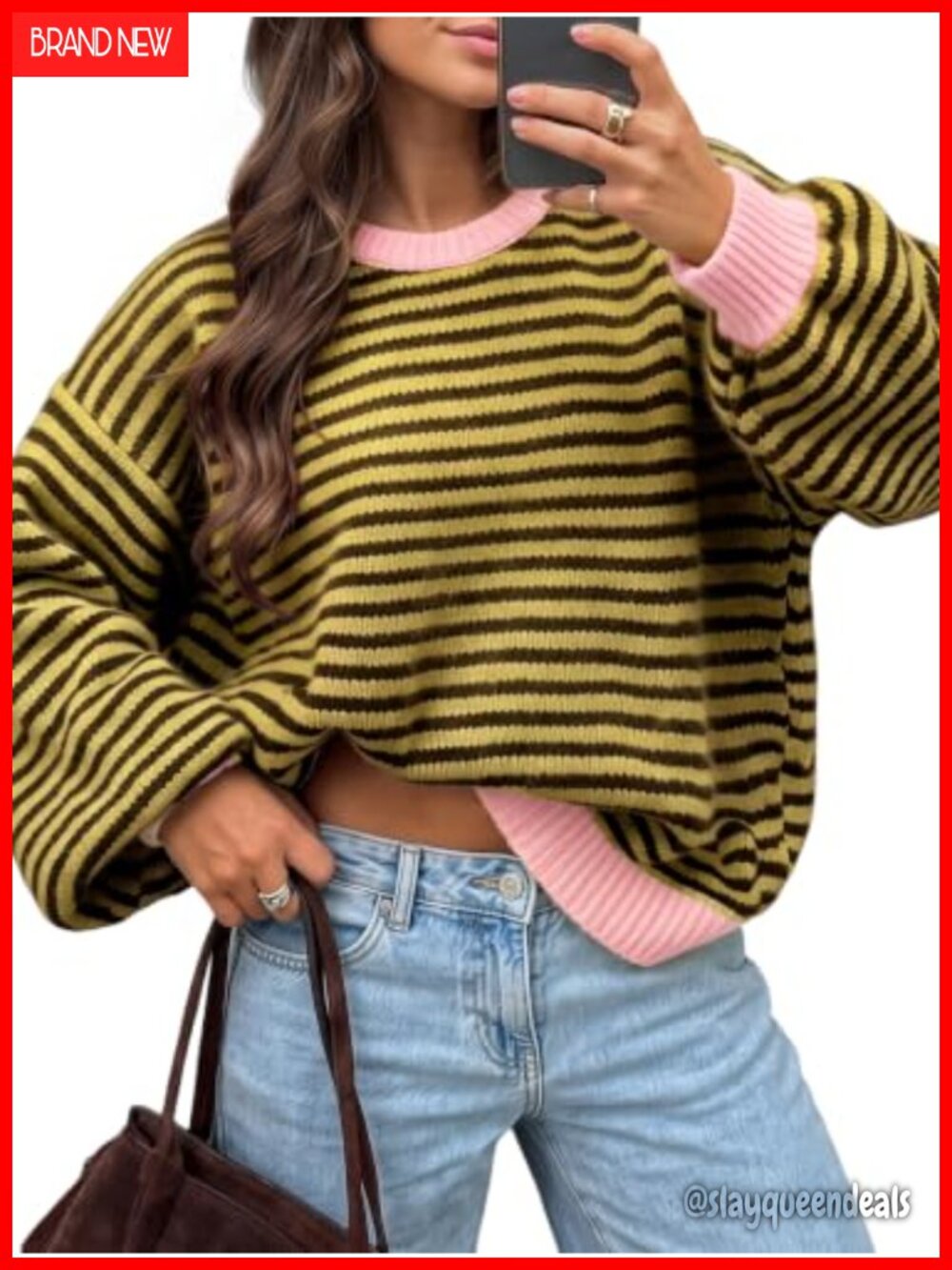 Oversized Contrast Stripe Sweater - Soft Polyester Blend Knit Pullover